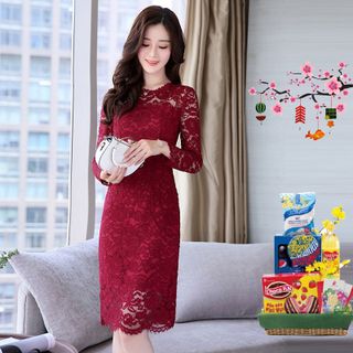 Đầm Ren Đỏ Hoa Nổi KAYA tay dài
