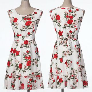 Đầm Xòe Vintage Trắng Sát Nách 2 Tầng Hoa Mùa Xuân
