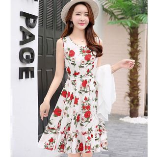 Đầm Xòe Vintage Trắng Hoa Mùa Xuân 2 tầng