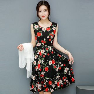 Đầm Xòe Vintage Đen Sát Nách 2 Tầng Hoa Mùa Xuân