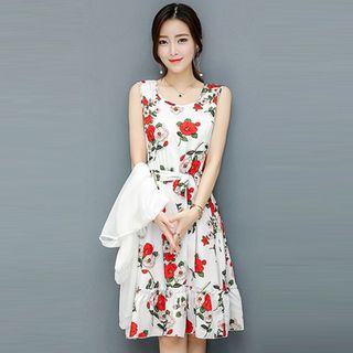 Đầm Xòe Vintage Đen Sát Nách 2 Tầng Hoa Mùa Xuân