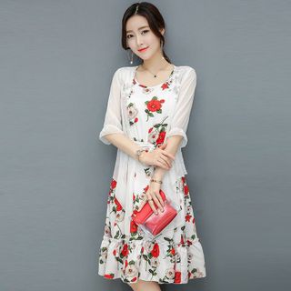 Đầm Xòe Vintage Đen Sát Nách 2 Tầng Hoa Mùa Xuân