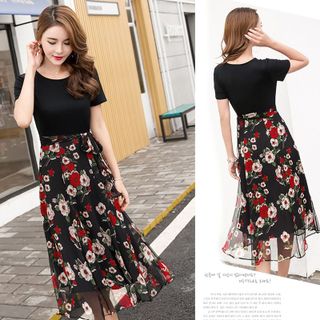 Đầm xòe chiffon hoa mùa xuân cột nơ eo
