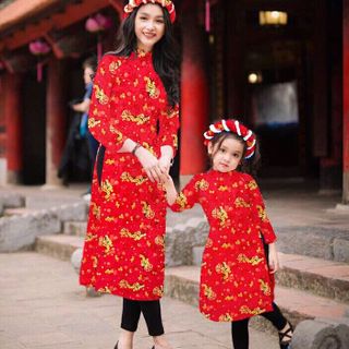 Set Áo Dài Gấm Cách Tân Mẹ Bé