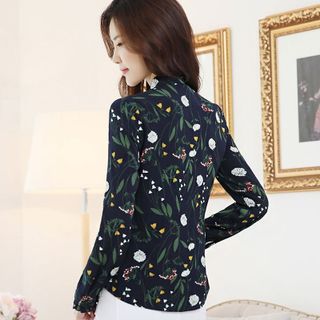 Áo Sơ Mi Hàn Quốc Xanh Đen In Hoa Lá