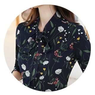 Áo Sơ Mi Hàn Quốc Xanh Đen In Hoa Lá