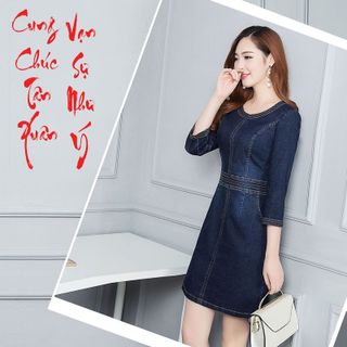 Đầm Jean Cộ Tròn Nẹp Viền Phối Túi