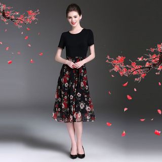 Đầm xòe vintage chiffon in hoa xuân