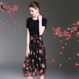 Đầm xòe vintage chiffon in hoa xuân