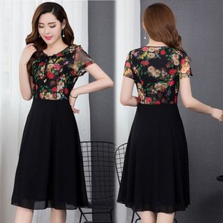 Đầm xòe chiffon in hoa 3D cổ phối ren trẻ trung