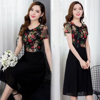Đầm xòe chiffon in hoa 3D cổ phối ren trẻ trung