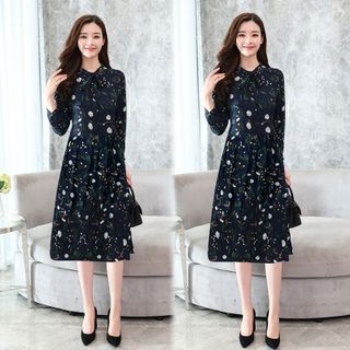 Đầm xòe nút sơ mi Hàn Quốc hoa lá nơ cổ