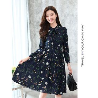 Đầm xòe nút sơ mi Hàn Quốc hoa lá nơ cổ