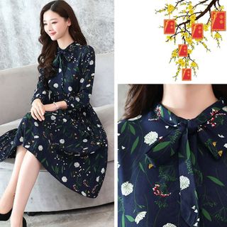 Đầm xòe nút sơ mi Hàn Quốc hoa lá nơ cổ