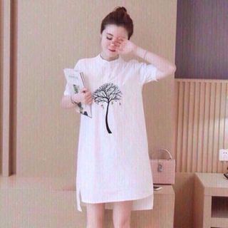 Đầm suông cổ trụ hoạ tiết cây khô