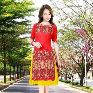 AO DAI CACH TAN KEM CHAN VAY IN HOA TIET giá sỉ