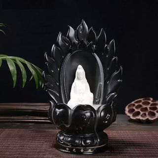 Thác Gốm Đốt Trầm Hình Đài Sen Quan Âm Trắng