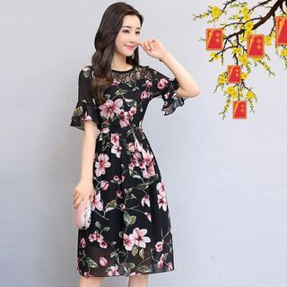 Đầm xòe chiffon in hoa vai ren tay loe