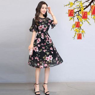 Đầm xòe chiffon in hoa vai ren tay loe