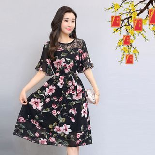 Đầm xòe chiffon in hoa vai ren tay loe