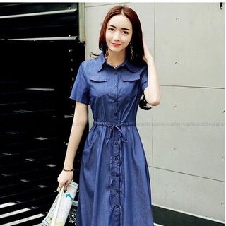ĐẦM JEAN XOÈ EO DÂY RÚT -  DT449