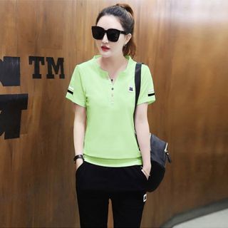 Set Thể Thao Xanh Neon Cổ V Phối Nút