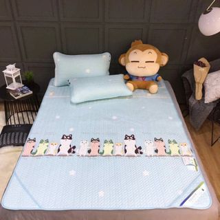 Bộ chăn ga gối tancel đàm mèo xanh 1m8x2m