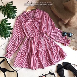 Áo babydoll kẻ sọc cột nơ