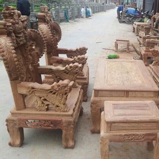 Bộ Bàn Ghế Nghê Đỉnh Tay Khuỳnh vách liền gỗ hương vân