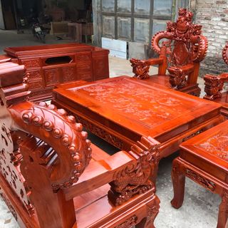 Bộ bàn ghế giả cổ nghê khuỳnh gỗ hương đá