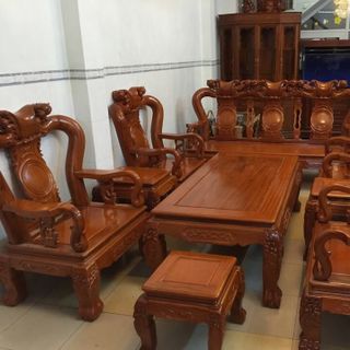 Bộ bàn ghế trạm khắc Minh quốc đào gỗ gõ đỏ cột 10 và cột 12