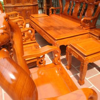 Bộ bàn ghế trạm khắc Minh quốc đào gỗ gõ đỏ cột 10 và cột 12