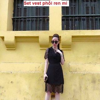 Set vest phối áo ren Trắng - Đen