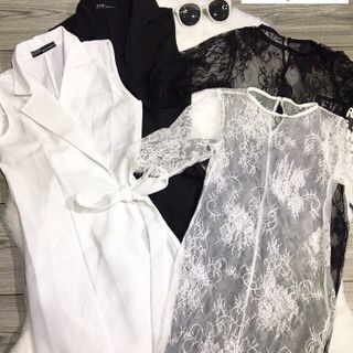 Set vest phối áo ren Trắng - Đen