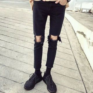 Quần Jeans Nam Đen Trơn - Rách Gối