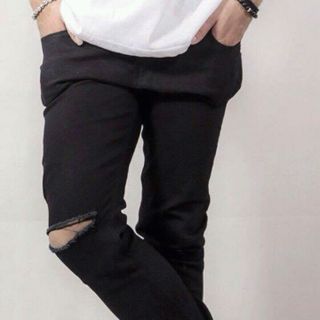 Quần Jeans Nam Đen Trơn - Rách Gối