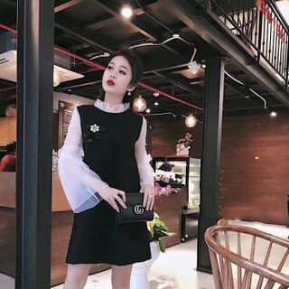 Đầm suông phối lưới logo hoa siêu hot
