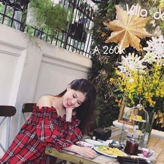 Áo sọc caro nhúng trễ vai tay cột siêu hot
