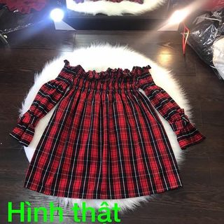 Áo sọc caro nhúng trễ vai tay cột siêu hot
