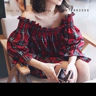 Áo sọc caro nhúng trễ vai tay cột siêu hot