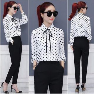 Áo Sơ Mi Chấm Bi Nơ Cổ