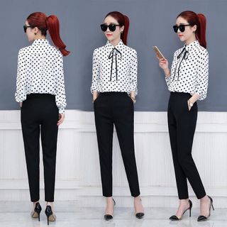 Áo Sơ Mi Chấm Bi Nơ Cổ