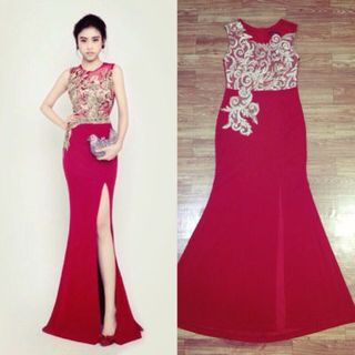 đầm maxi xẻ đùo phối hoa văn ren nổi 27/3-18