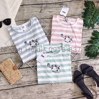 Áo thun sọc thêu hình Hình thêu bò sữa siêu cute