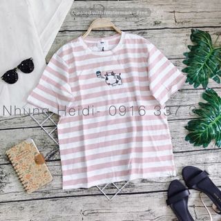 Áo thun sọc thêu hình Hình thêu bò sữa siêu cute