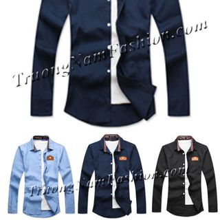 Sơ mi xanh đen phối da- Chuyên sĩ hoặc may theo mẫu khách đặt