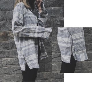 Sơ mi Flannel nữ Just-P màu xám đá có kẻ