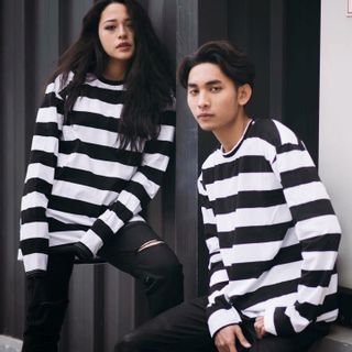 Áo thun dài tay nữ Unisex Just-P Kẻ to đen trắng