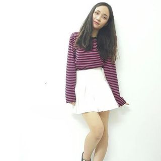 Áo thun nữ dài tay JUST-P Hồng kẻ đen
