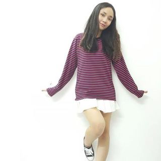 Áo thun nữ dài tay JUST-P Hồng kẻ đen